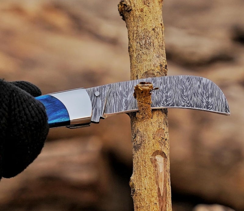 BE BREAK EDGE Hawkbill Knife,Folding Pocket Knife with Curved Blade, Lineman Tools,Blue pakkawood Handle Pattern,Damascus Steel Construction - Image 5